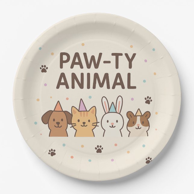 Plato De Papel Paw-ty Animal-Cute Mascota Fiesta de Cumpleaños (Anverso)