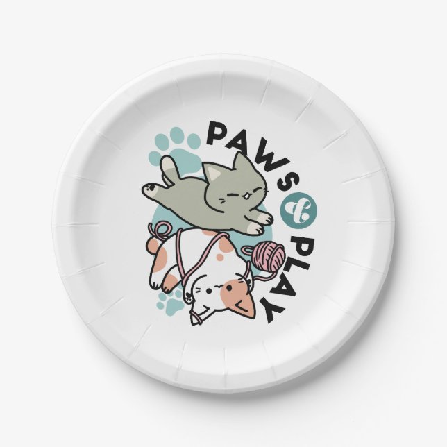 Plato De Papel Paws and Play – Adorable Cat Illustration (Anverso)