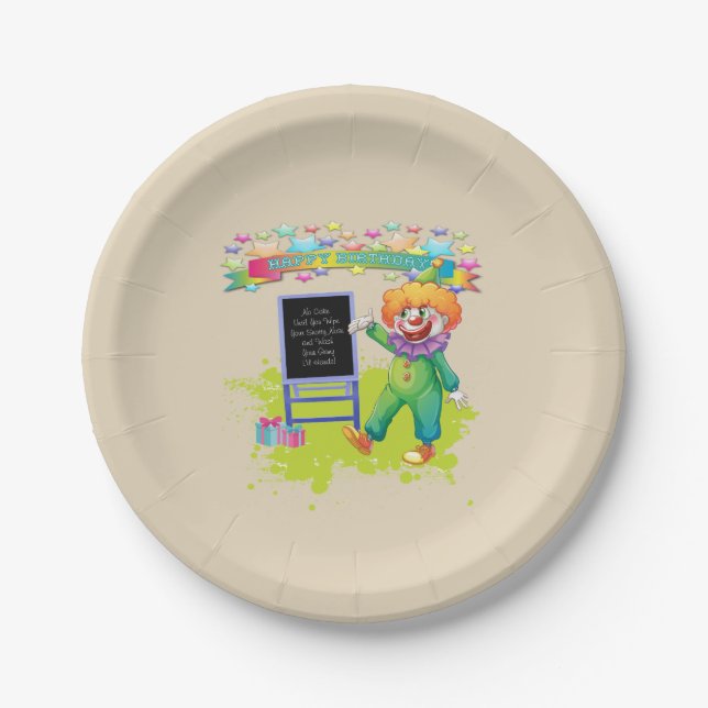 Plato De Papel Payaso del feliz cumpleaños con el Rótulo (Anverso)