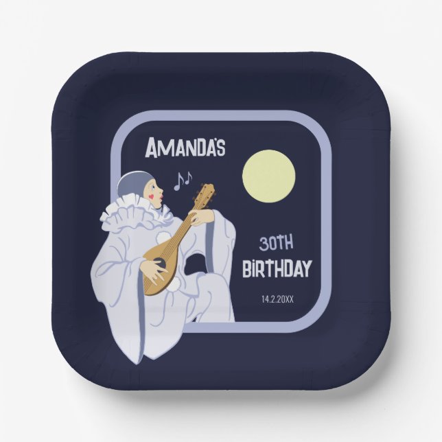 Plato De Papel Payaso dulce Pierrot jugando lute cumpleaños CC127 (Anverso)