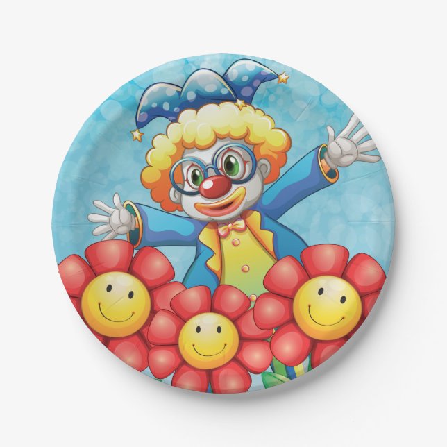 Plato De Papel Payaso Feliz y Flores Sonrientes (Anverso)