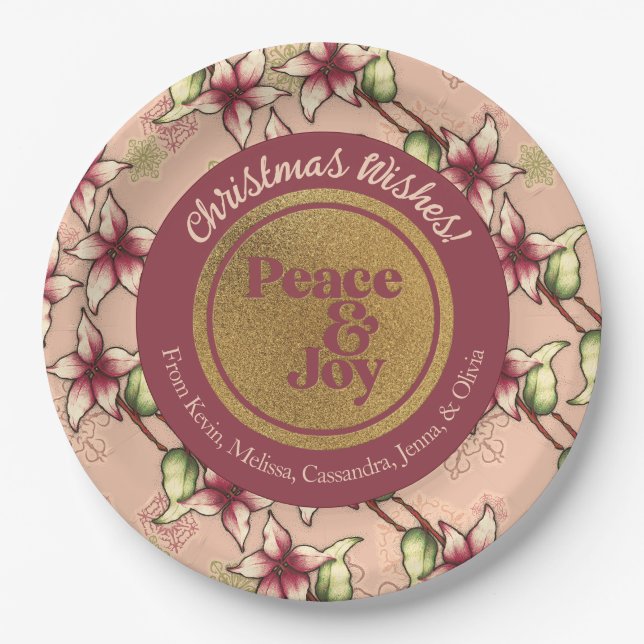 Plato De Papel Paz y alegría, Navidades de oro de Borgoña Rosa (Anverso)