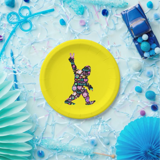 Plato De Papel Peace Love Bigfoot Hippie Funny Bigfoot Lover (Fiesta)