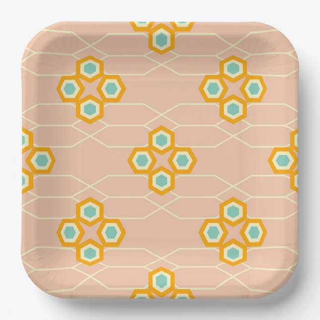 Plato De Papel Peach background hexagonal floral pattern  (Anverso)