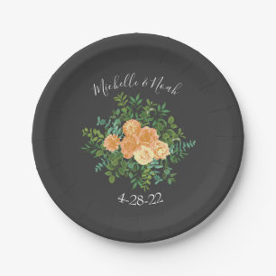 Plato De Papel Peach & Charcoal Gray Peony & Rosa Boda Floral