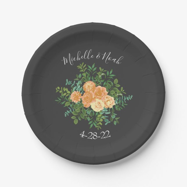 Plato De Papel Peach & Charcoal Gray Peony & Rosa Boda Floral (Anverso)