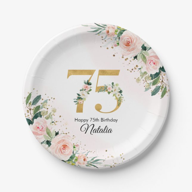 Plato De Papel Peach Floral 75th Birthday Paper Plates (Anverso)