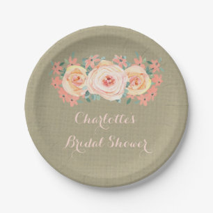 Plato De Papel Peach Floral Burlap Bridal Shower Placa