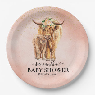 Plato De Papel Peach Floral Highland Cow Calf Baby Shower