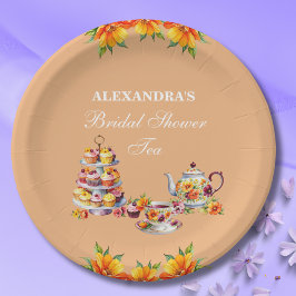 Plato De Papel Peach Floral Tea Fiesta Bridal Shower