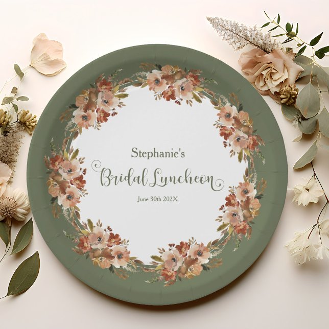 Plato De Papel Peach Floral Wreath Sage Green Bridal Luncheon (Peach Watercolor Floral Wreath Sage Green Bridal Luncheon Paper Plates)