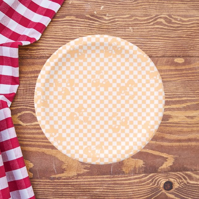 Plato De Papel Peach Fuzz Cherry Gingham Pattern (Peach Fuzz Cherry Gingham Pattern Paper Plates)