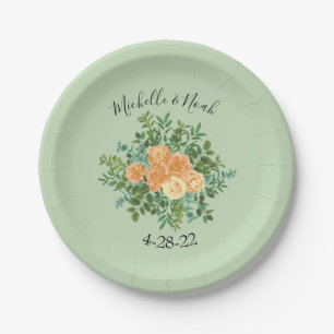 Plato De Papel Peach Green Boda Spring Pastel Floral