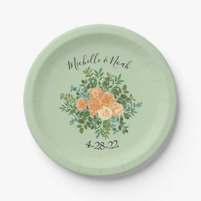 Plato De Papel Peach Green Boda Spring Pastel Floral (Anverso)