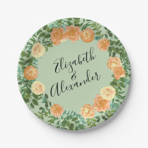 Plato De Papel Peach Green Boda Spring Pastel Floral