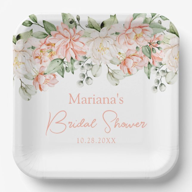 Plato De Papel Peach Ivory Floral Bridal Shower (Anverso)