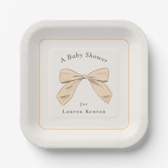 Plato De Papel Peach Peach Peach Bow Elegante Baby Shower Neutral (Anverso)