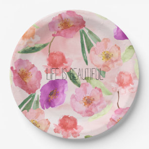Plato De Papel Peach Peach Pink Purple Floral acuarela