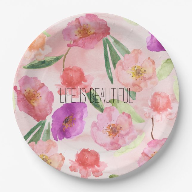 Plato De Papel Peach Peach Pink Purple Floral acuarela (Anverso)