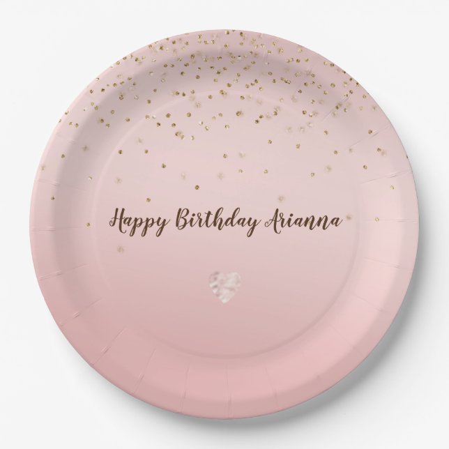 Plato De Papel Peach Peach Rubor Gold Glitz Confetti Sparkle Hear (Anverso)