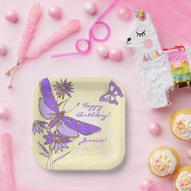 Plato De Papel Peach Purple Butterfly Throw Pillow (Fiesta)