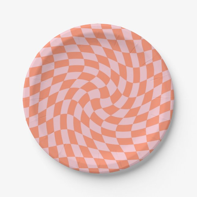 Plato De Papel Peach Retro Pastel Checks Warped Checkerboard (Anverso)