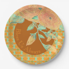 Plato De Papel Peach verde azulada Y Oro Con Browns