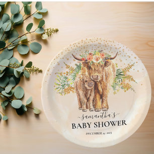 Plato De Papel Peach Watercolor Floral Highland Cow Calf Baby