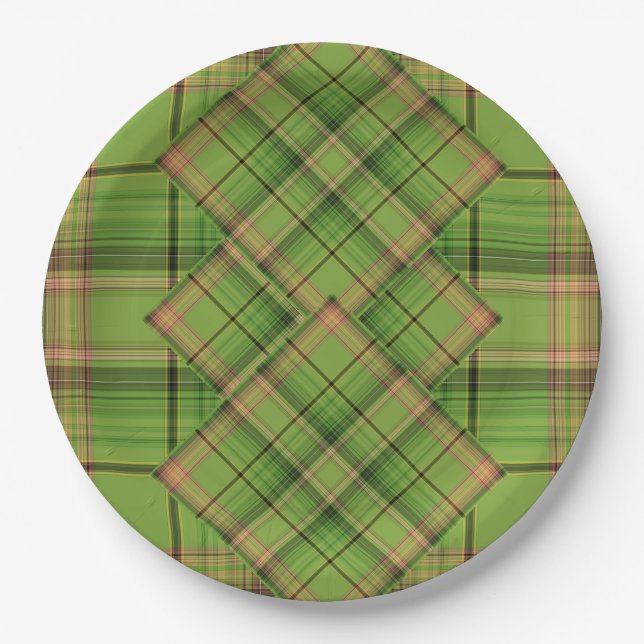 Plato De Papel Peach y Green Plaid (solapamiento) (Anverso)