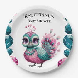 Plato De Papel Peacock Baby Shower de bebé joven rosa y Verde azu