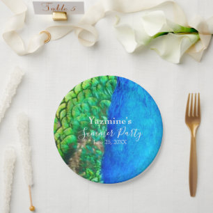 Plato De Papel Peacock Blue Green Feather Texbes de verano
