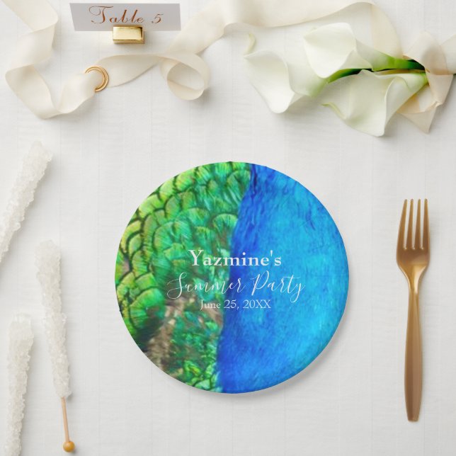Plato De Papel Peacock Blue Green Feather Texbes de verano (Boda)