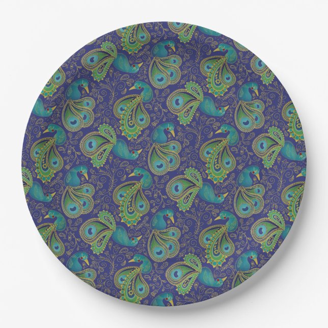 Plato De Papel Peacock Paisley Pattern Blue (Anverso)