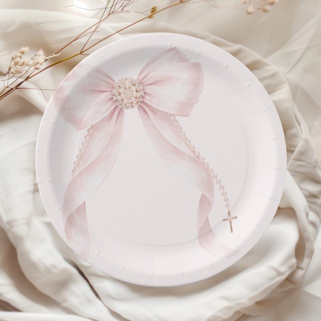 Plato De Papel Pearl Blush Pink Bow Gold Cross Baptism (Subido por el creador)