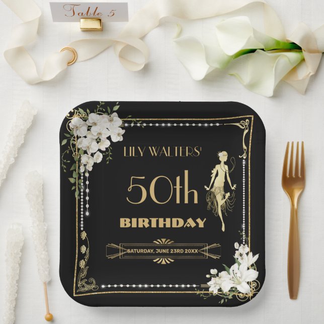 Plato De Papel Pearls White Floral Art Deco Gatsby 20 Aniversario (Boda)