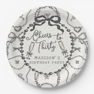 Plato De Papel Pearls y Prosecco Black Coquette Bow Cumpleaños
