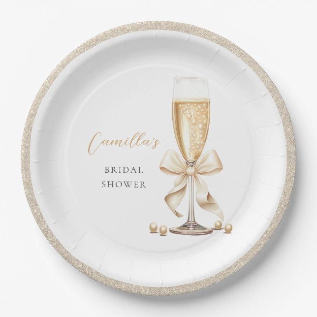 Plato De Papel Pearls y Prosecco Bow Bridal Shower (Anverso)