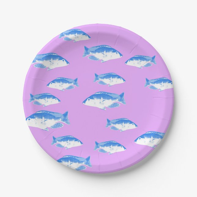 Plato De Papel Peces azules en lila (Anverso)