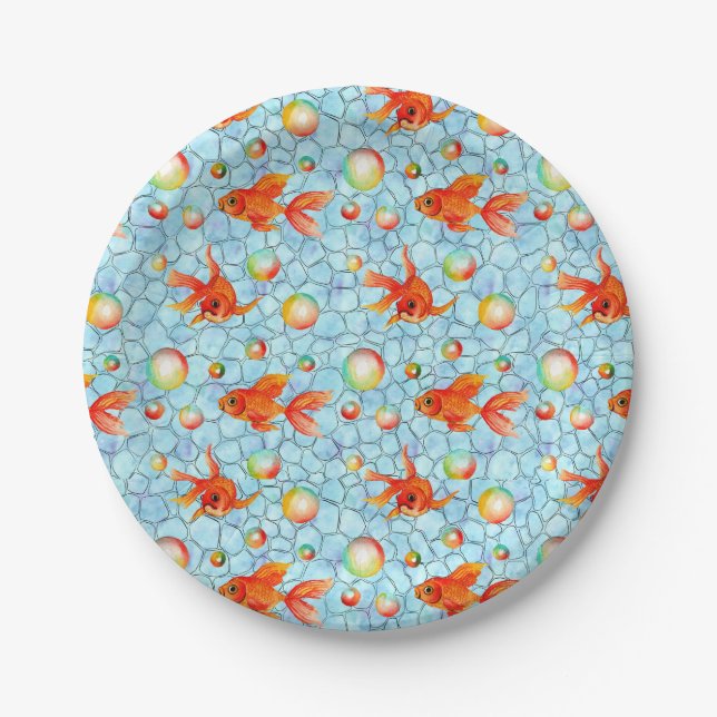 Plato De Papel peces dorados y burbujas de jabón (Anverso)