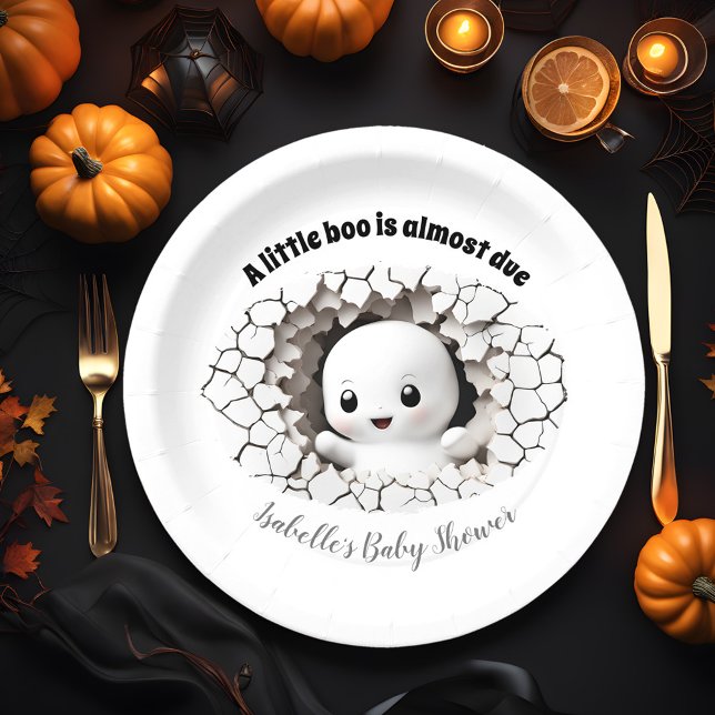 Plato De Papel Peeking Little Boo Ghost Baby Shower Placas de pap (Peeking baby ghost Halloween baby Shower Paper Plates, A little boo is almost due)