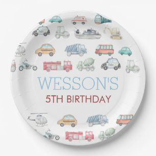 Plato De Papel Pegatina de cumpleaños de transporte, Classic Roun