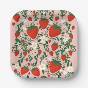 Plato De Papel Pegatinas de fiesta de flores de fresa rosadas y r