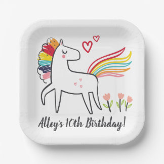 Plato De Papel Pegatinas personalizadas de cumpleaños de Unicorni