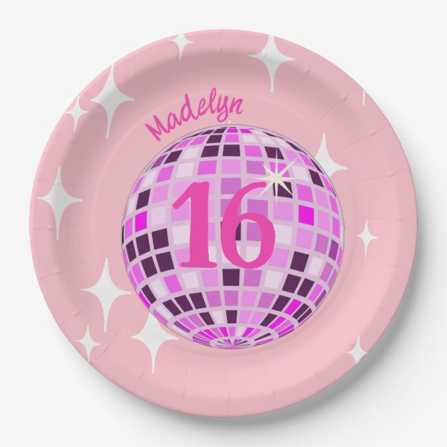 Plato De Papel Pelota de disco rosa dulce Dieciséis cumpleaños 16 (Anverso)