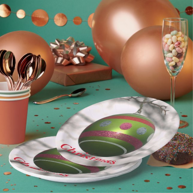 Plato De Papel Pelota de ornamentos de rayas rojas verdes (Multi)