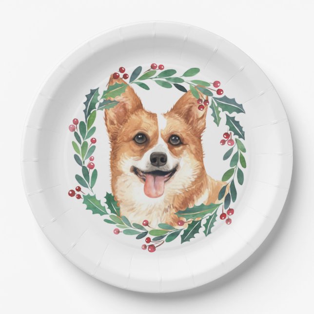 Plato De Papel Pembroke Welsh Corgi Perro Elegante Navidades vaca (Anverso)