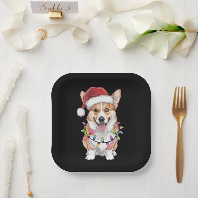 Plato De Papel Pembroke Welsh Corgi Santa Christmas Tree Lights (Boda)