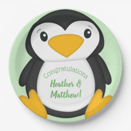Plato De Papel Penguin Baby Shower Green