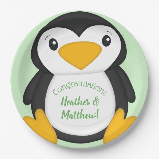 Plato De Papel Penguin Baby Shower Green (Anverso)