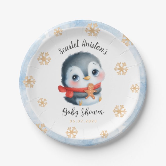 Plato De Papel Penguin Baby Shower, Navidades de clase (Anverso)